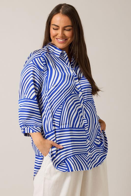 Evans EVANS Curve Blue Abstract Print Tab Sleeve Shirt