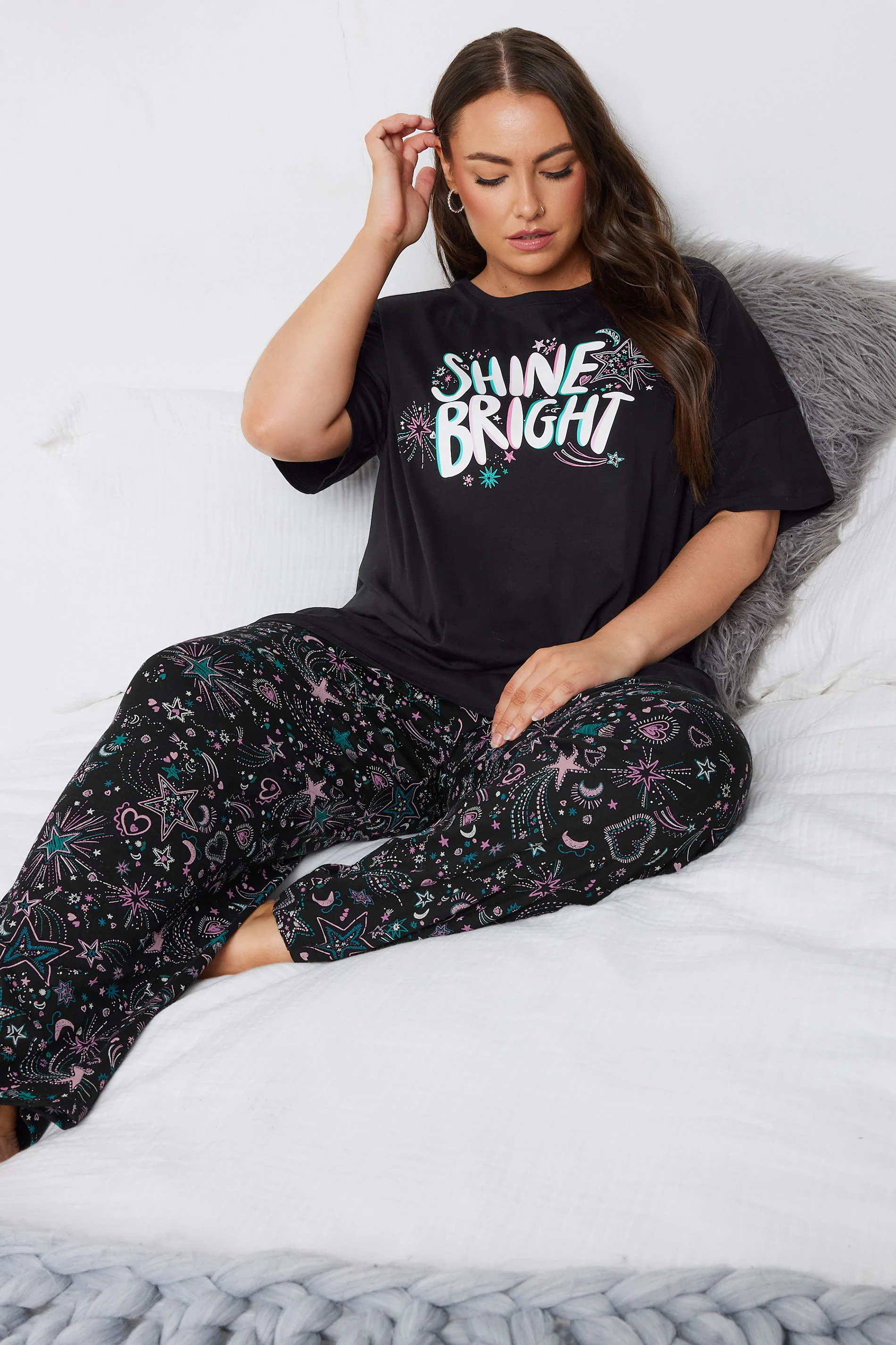 Yours YOURS Curve Black 'Shine Bright' Wide Leg Pyjama Set