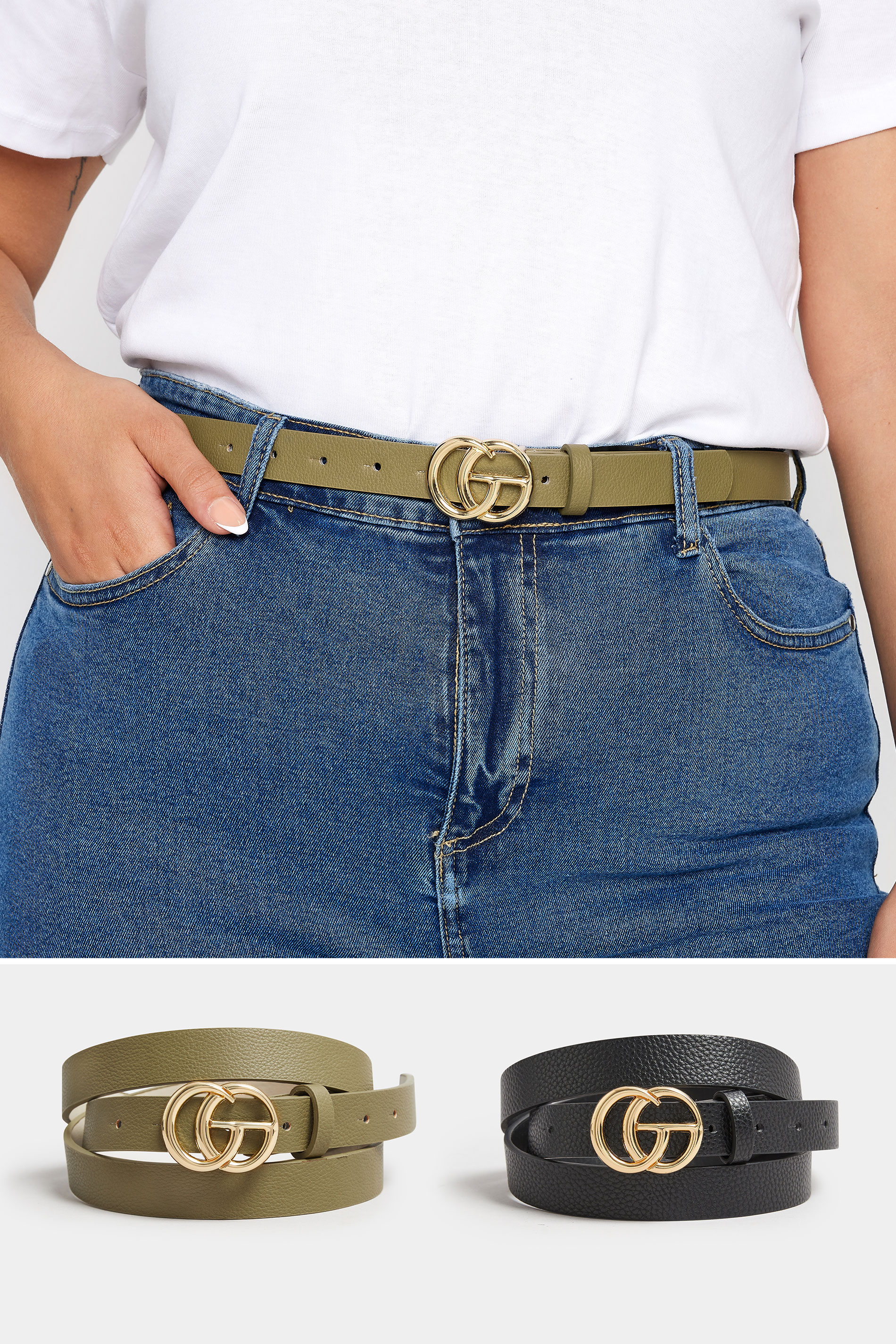 Yours 2 PACK Black & Khaki Green Gold Buckle Belts