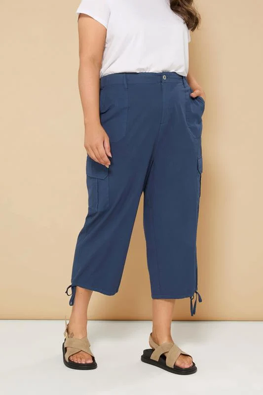 Yours YOURS Curve Navy Blue Cotton Cropped Cargo Trousers