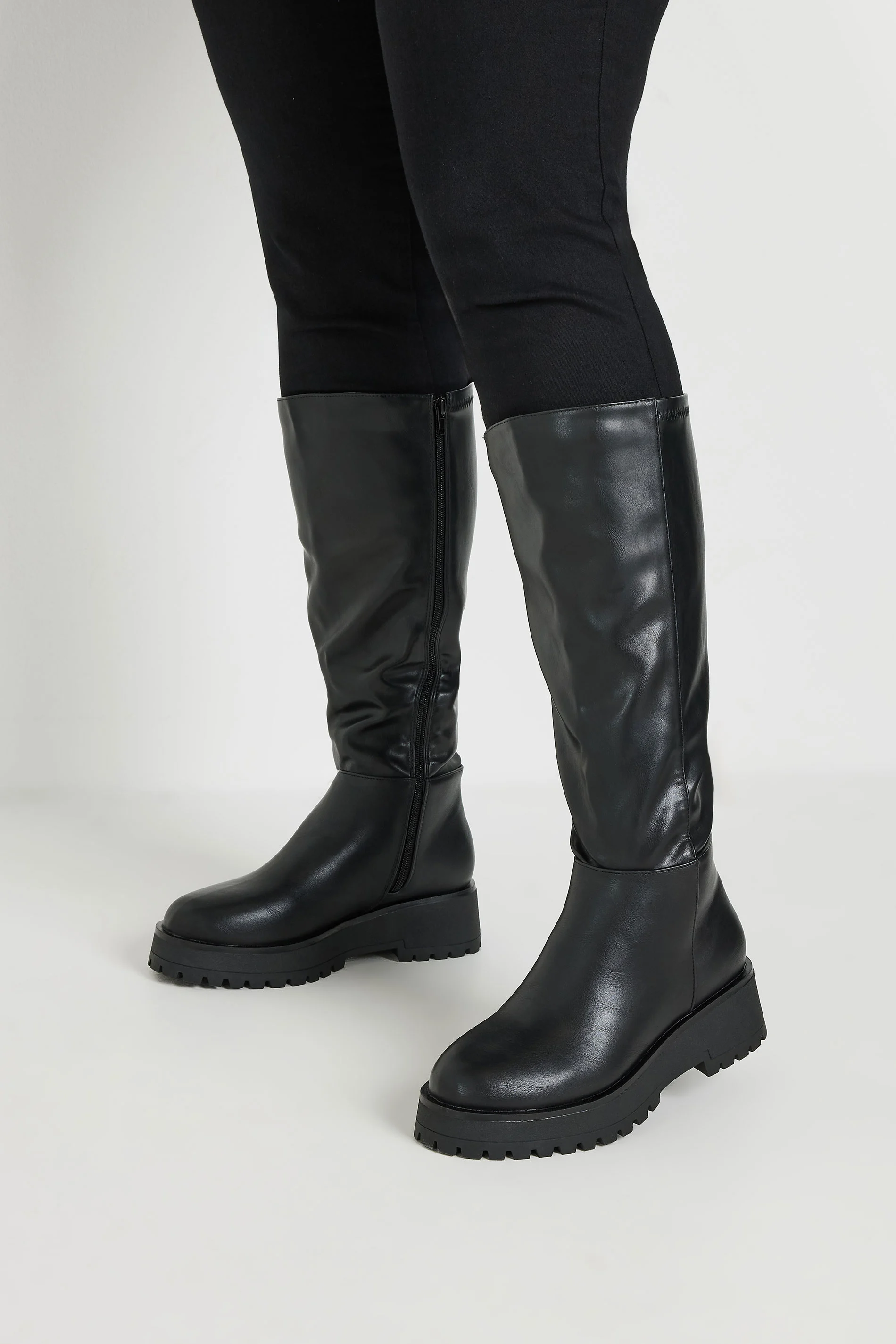 Yours Black Faux Leather Chunky Knee High Boots In Wide E Fit & Extra Wide EEE Fit