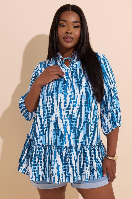 Yours YOURS Curve Blue Tie Dye Tie Neck Blouse