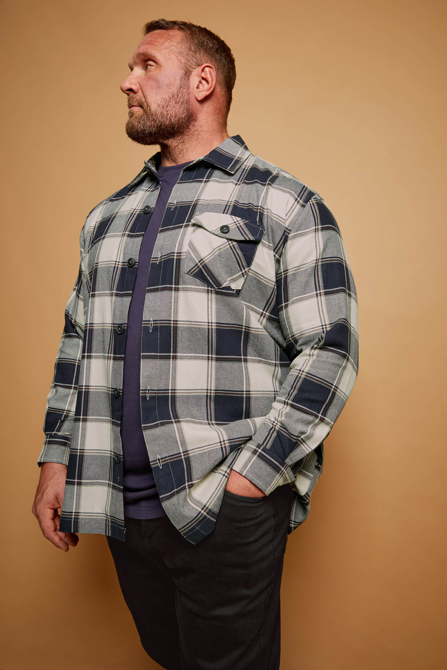 Kam KAM Big & Tall Navy Cotton Twill Checked Overshirt