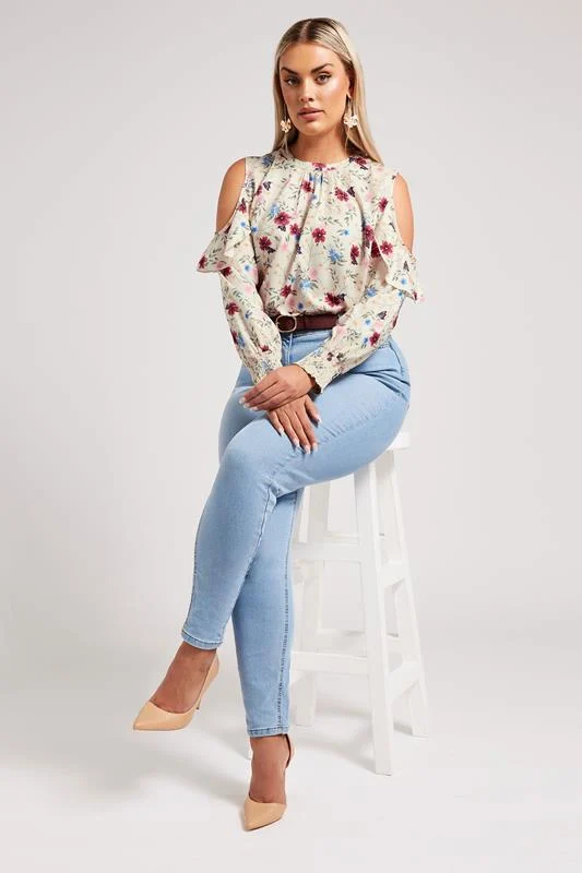 Yours London YOURS LONDON Curve Cream Floral Cold Shoulder Blouse