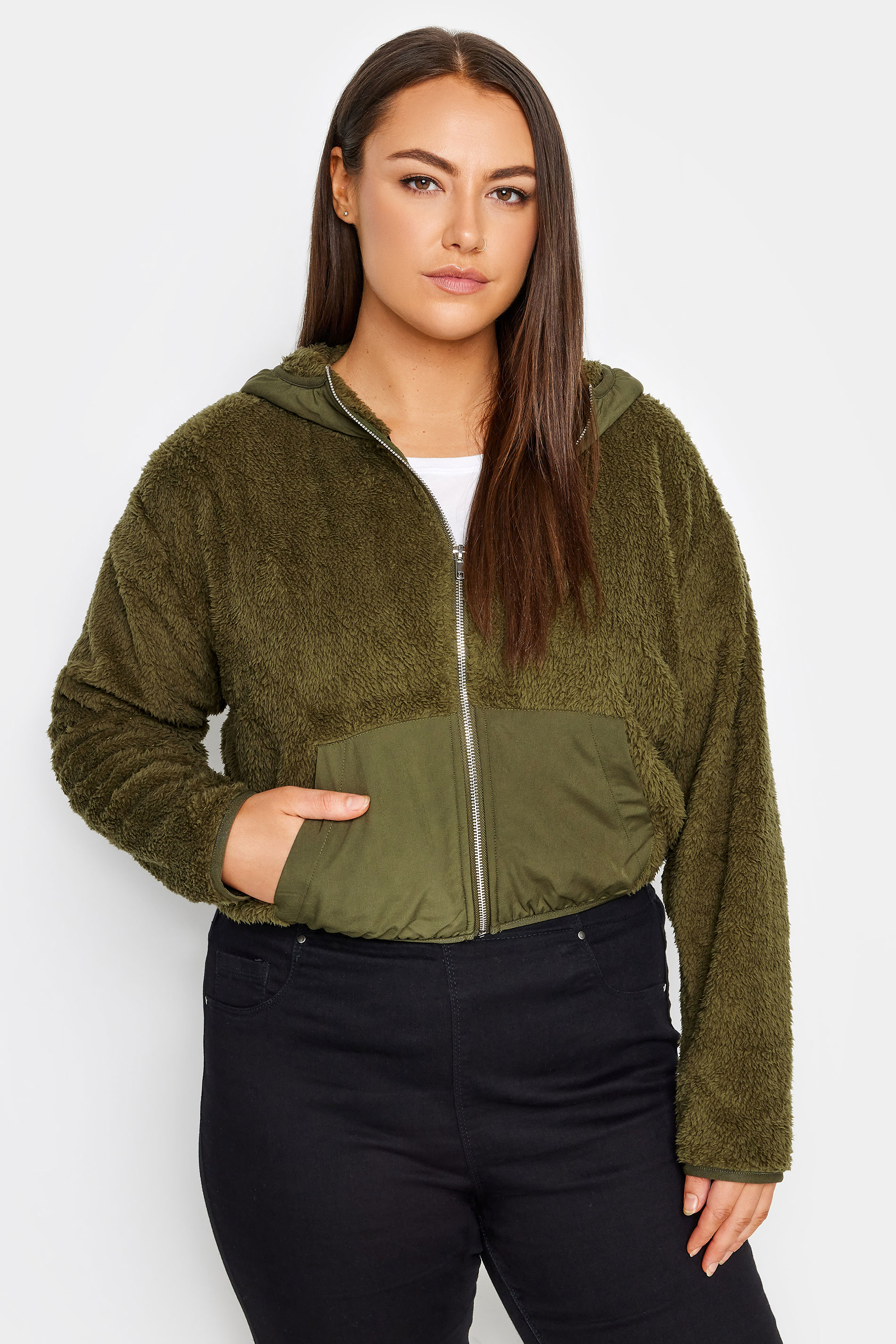 Evans Evans Green Cropped Teddy Jacket