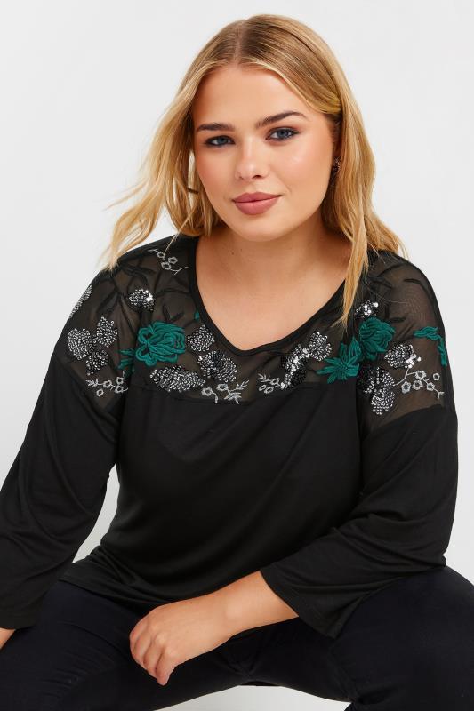 Yours YOURS Curve Black & Green Mesh Embellished Swing Top