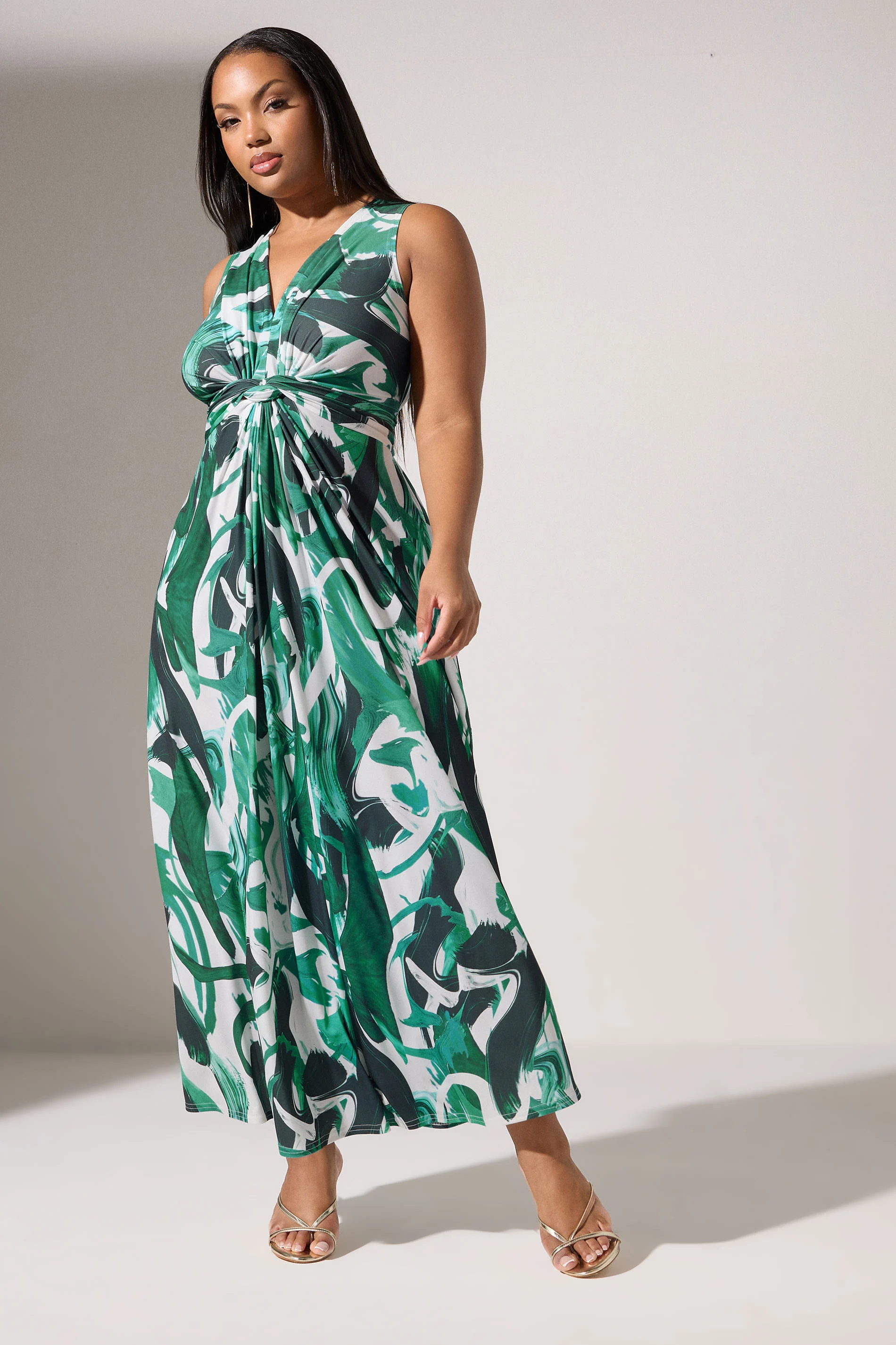 Yours London YOURS LONDON Curve Green Abstract Knotted Front Maxi Dress