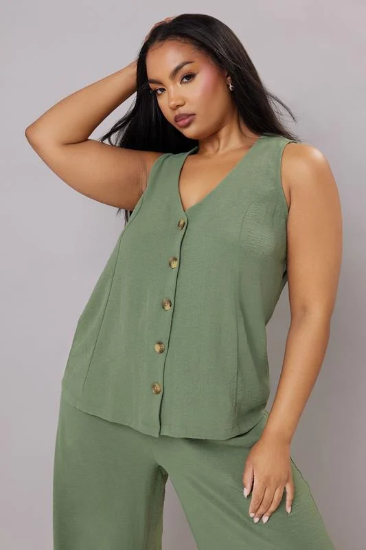 Yours YOURS Curve Khaki Green Button Through Waistcoat