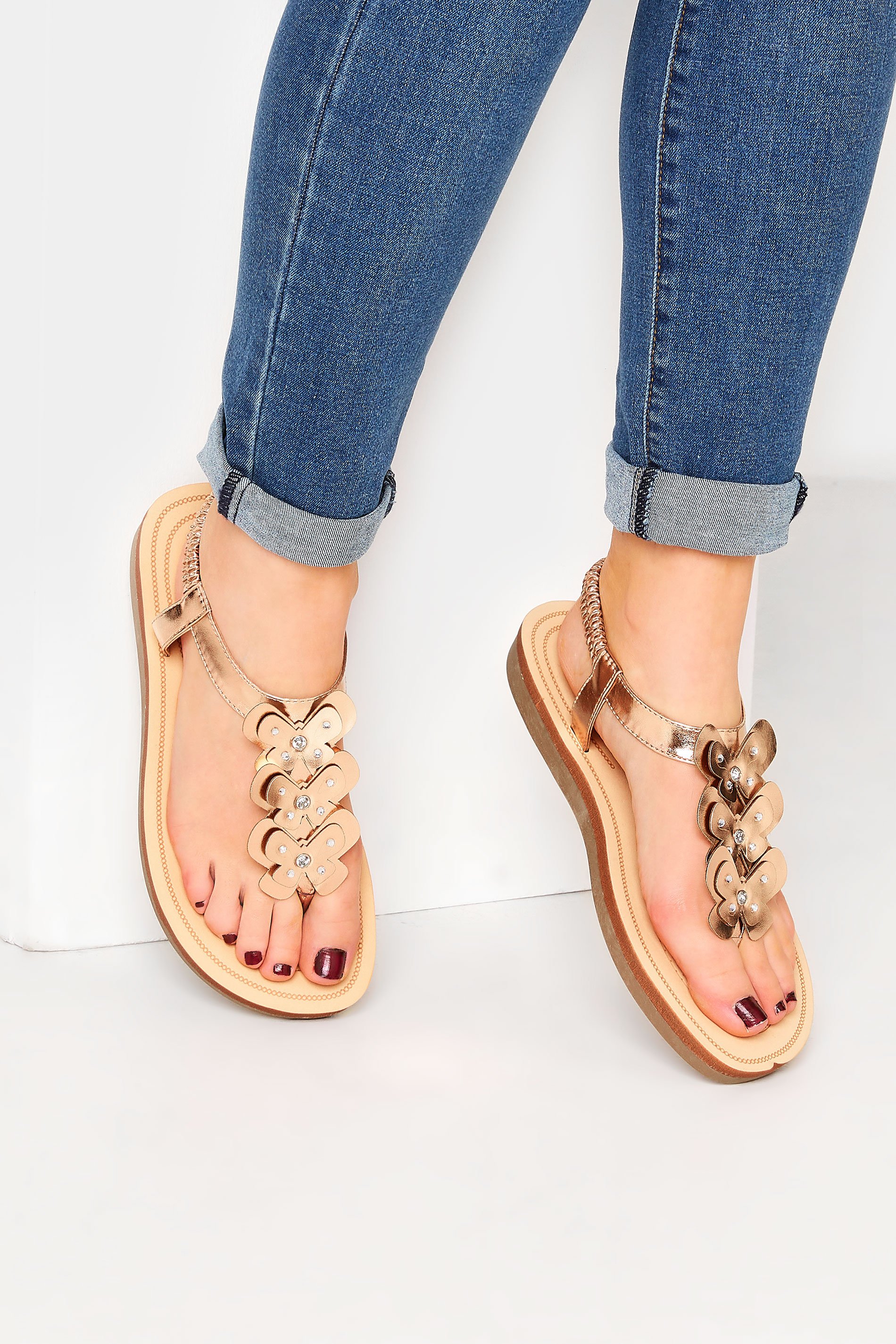 Yours Rose Gold Diamante Butterfly Sandals In Extra Wide EEE Fit