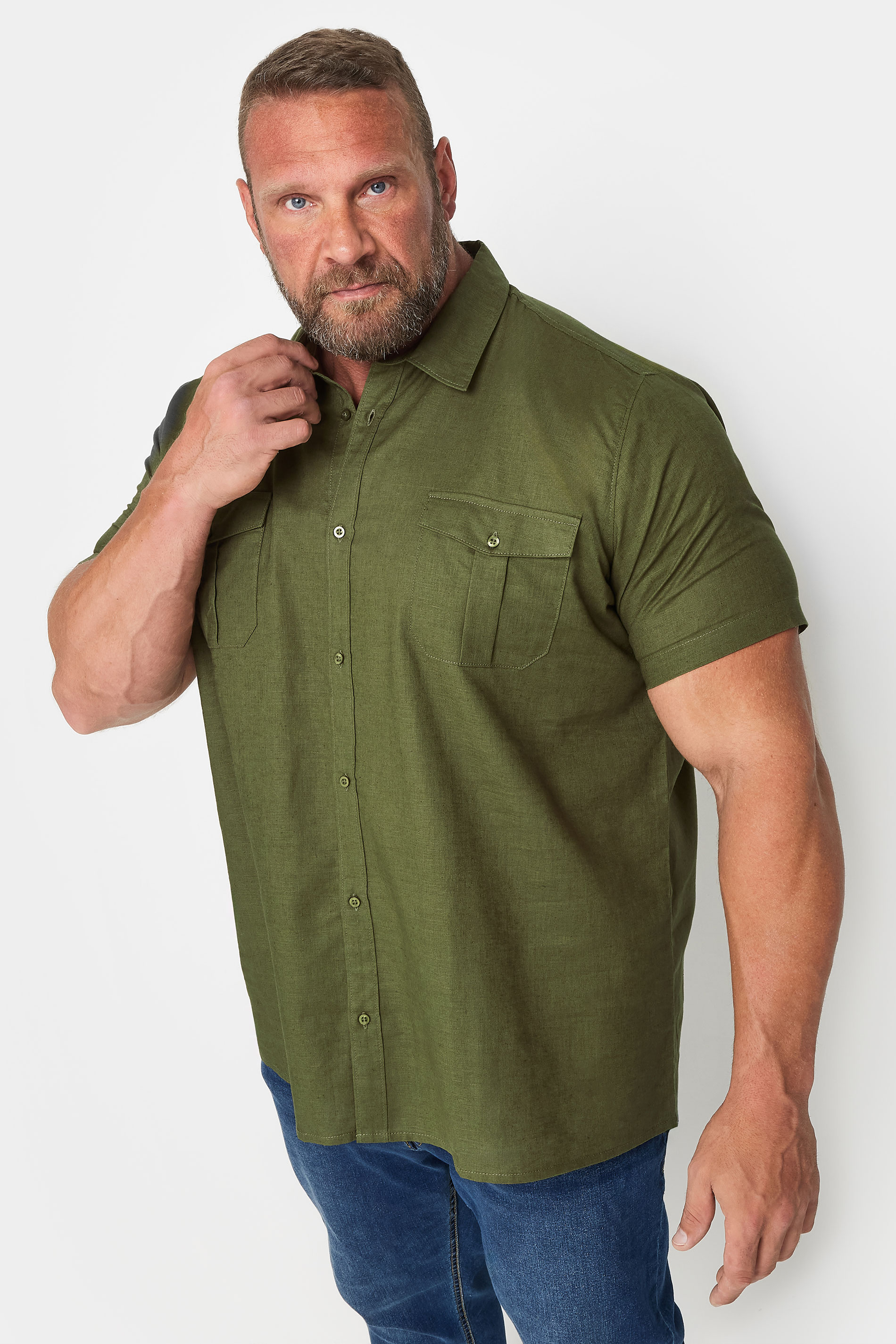 BadRhino BadRhino Big & Tall Khaki Green Linen Short Sleeve Military Shirt