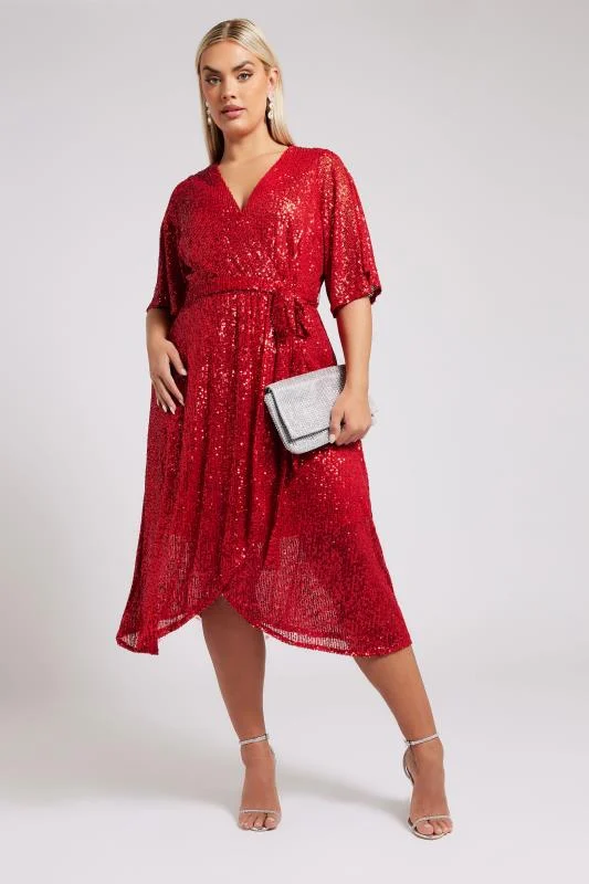 Yours London YOURS LONDON Curve Red Sequin Wrap Dress