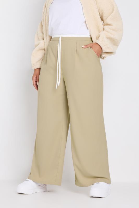 Yours YOURS Curve Natural Brown Contrast Waist Wide Leg Trousers