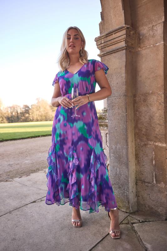Yours London YOURS LONDON Curve Purple Abstract Ruffle Godet Hem Maxi Dress