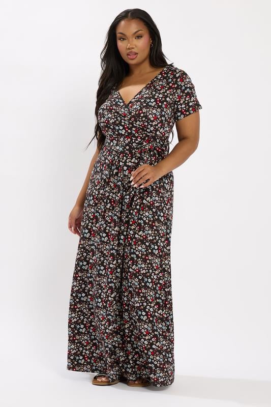 Yours YOURS Curve Black Ditsy Floral Maxi Wrap Dress