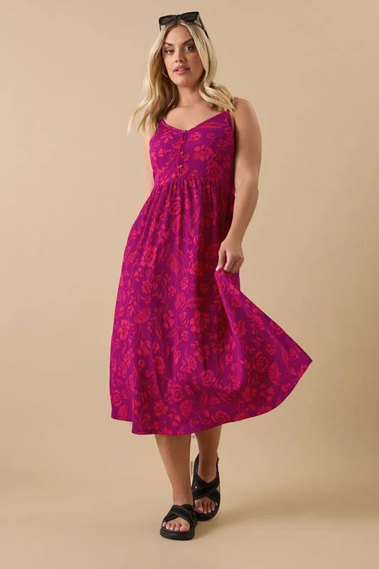 Yours YOURS Curve Pink Floral Print Textured Sundress