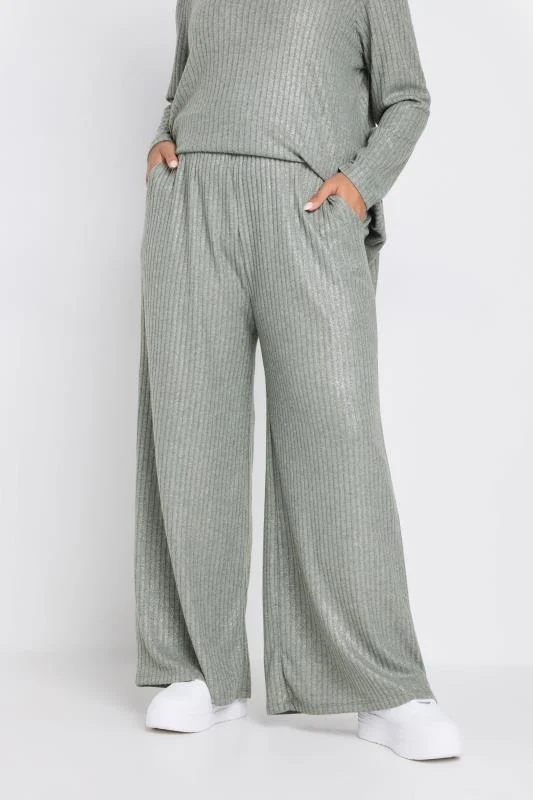 Yours YOURS Curve Grey Ribbed Foil Wide Leg Trousers