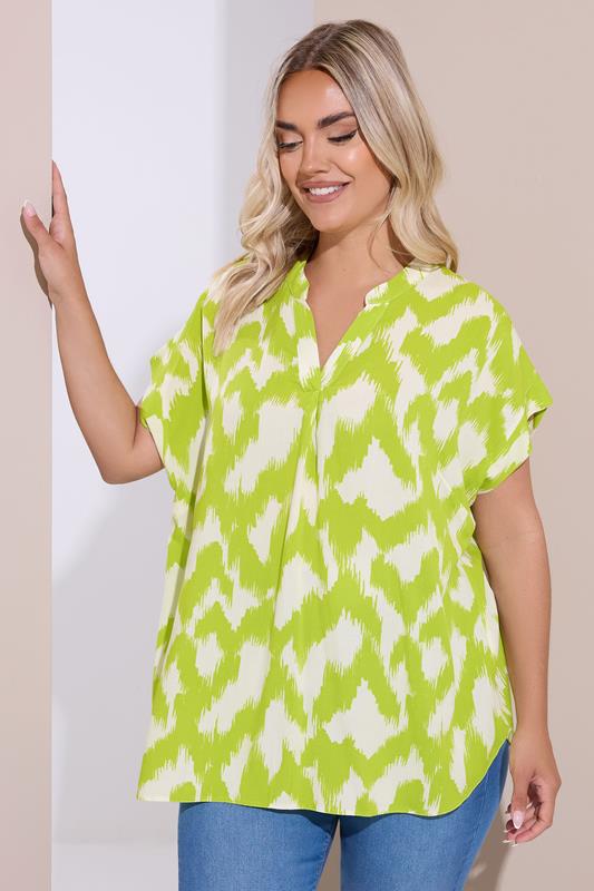 Yours YOURS Curve Lime Green Abstract Notch Neck Blouse