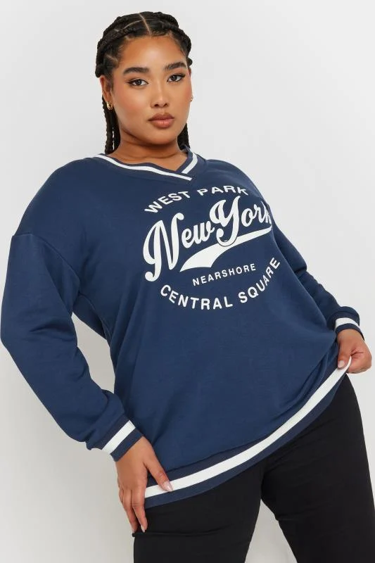 Yours YOURS Curve Navy Blue 'New York' Slogan Varsity Sweatshirt