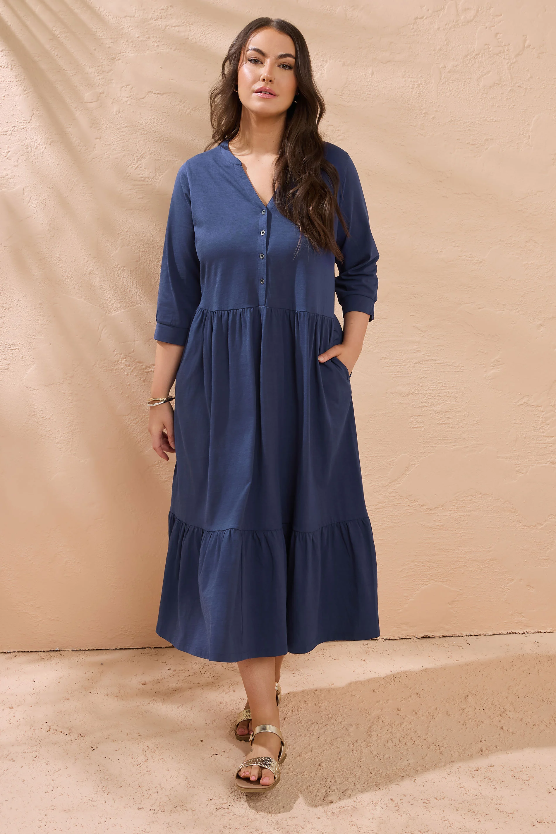 Evans EVANS Curve Navy Blue Tiered Cotton Dress