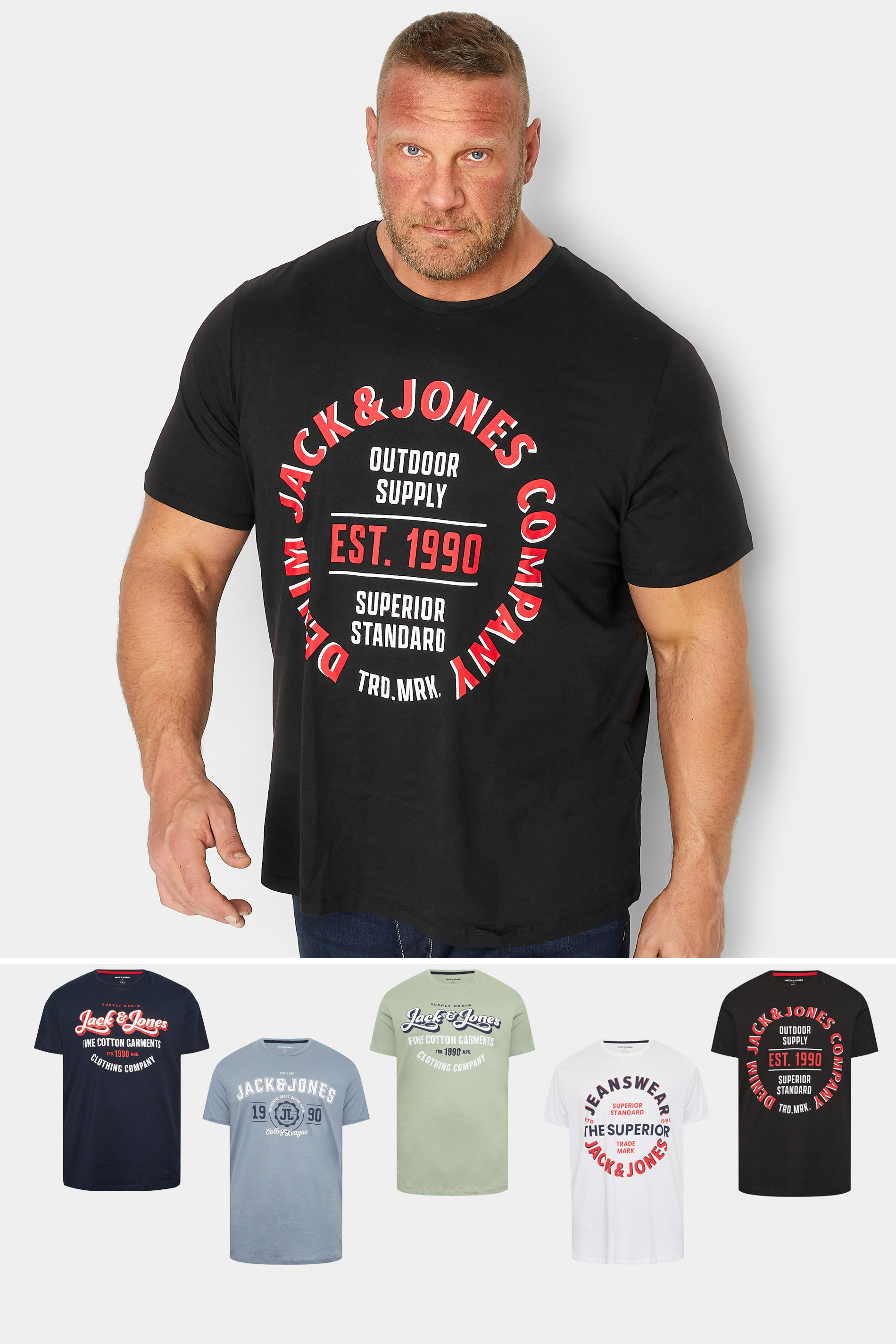 Jack & Jones JACK & JONES Big & Tall 5 PACK Black & Blue Logo Printed T-Shirts