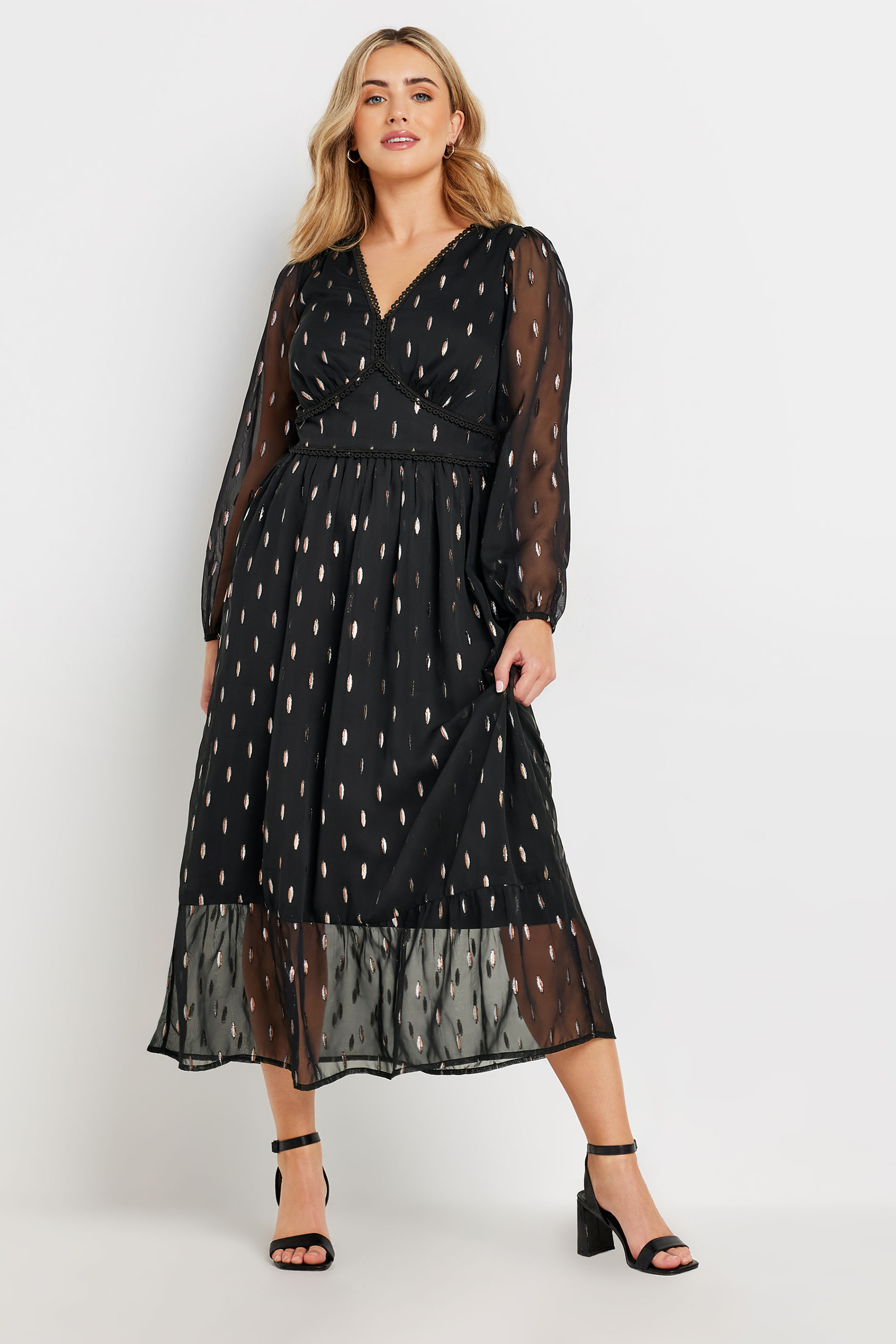 M&Co Womens M&Co Black Metallic Tiered V Neck Midi Dress