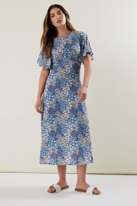 LTS LTS Tall Blue Ditsy Floral Flutter Sleeve Tea Dress