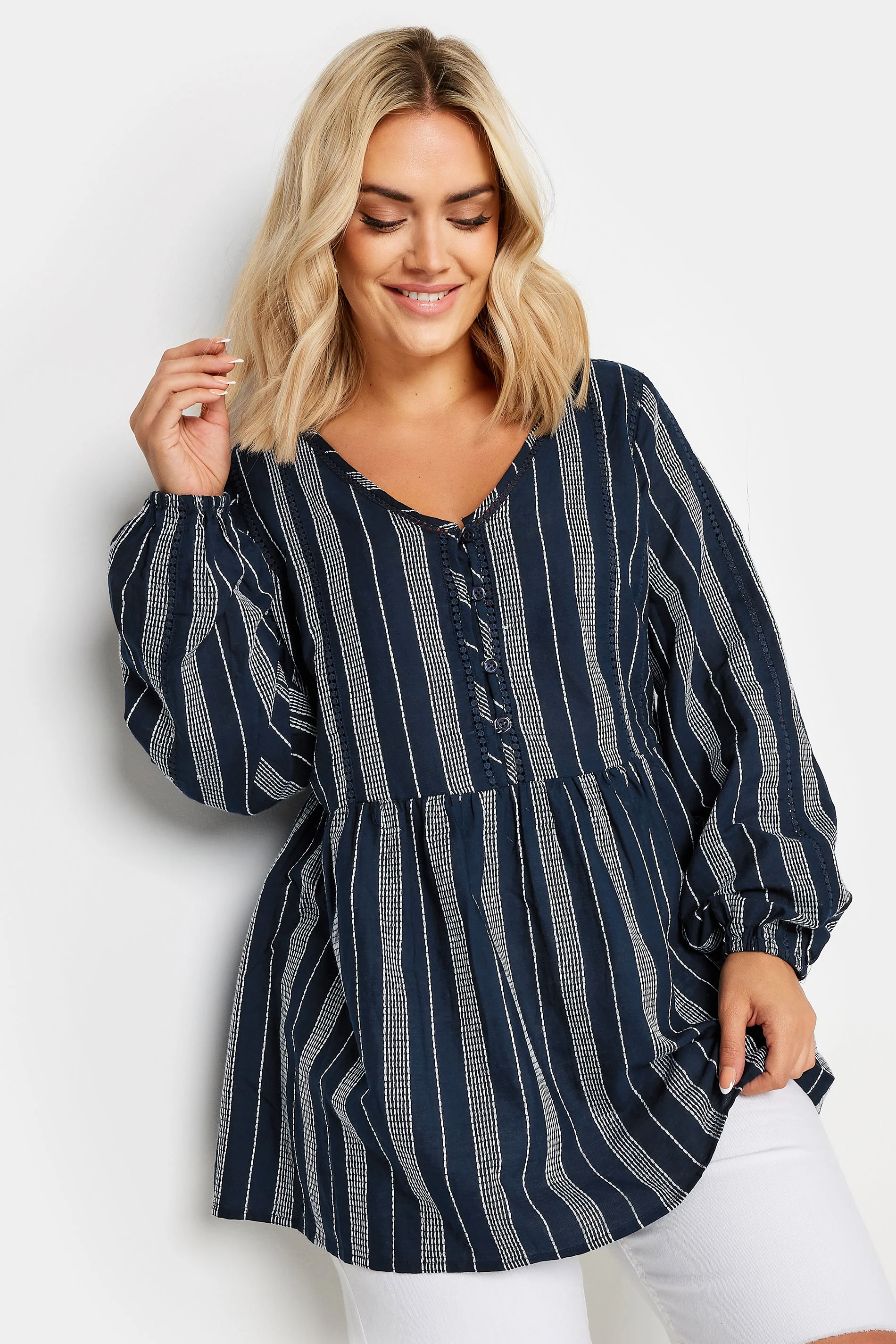 Yours YOURS Curve Blue Contrast Stitch Blouse