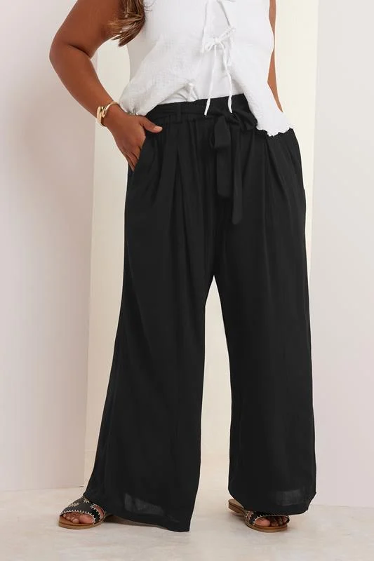 Yours YOURS Curve Black Tie Waist Crinkle Wide Leg Trousers