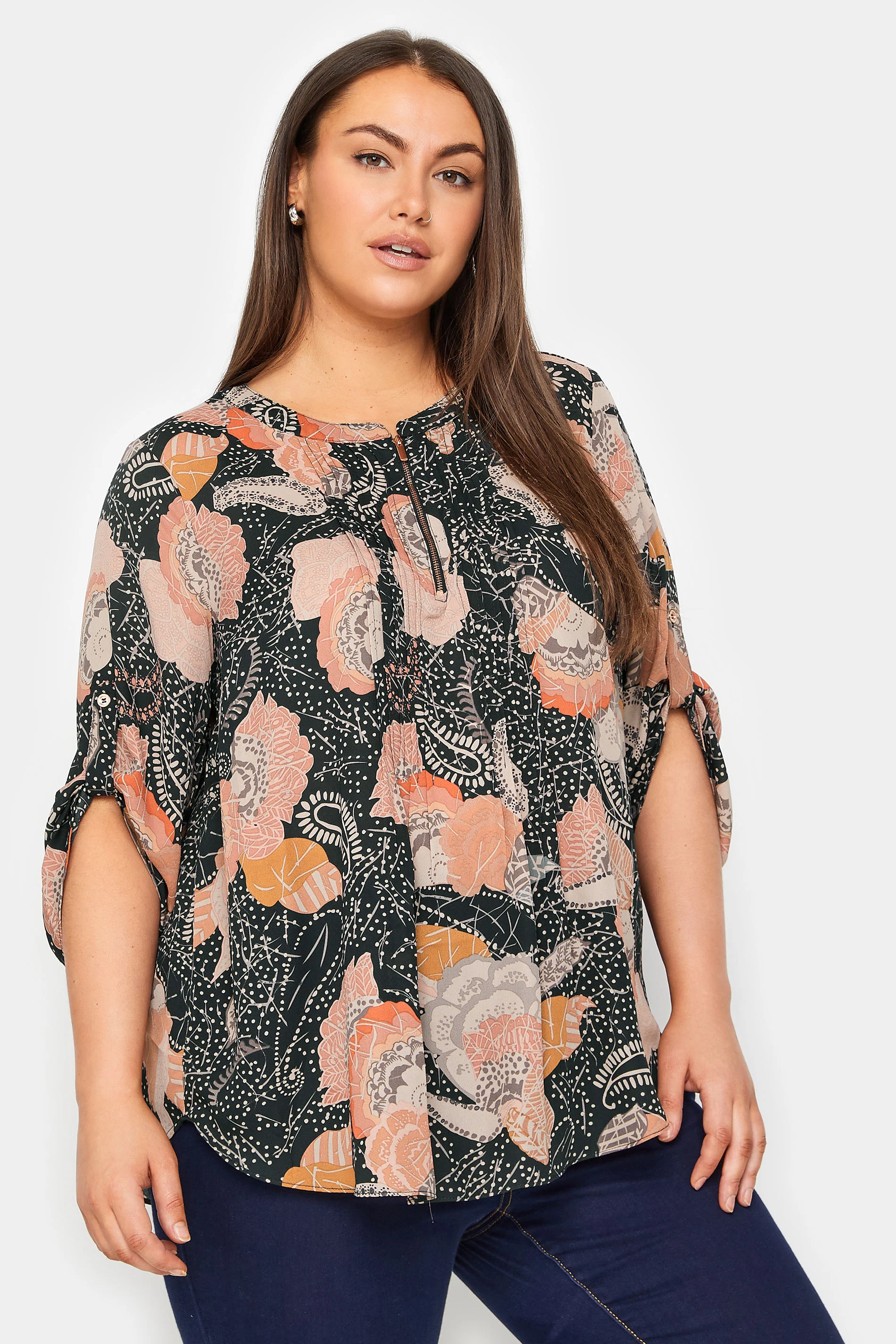Evans Evans Pink Paisley Pleat Zip Top