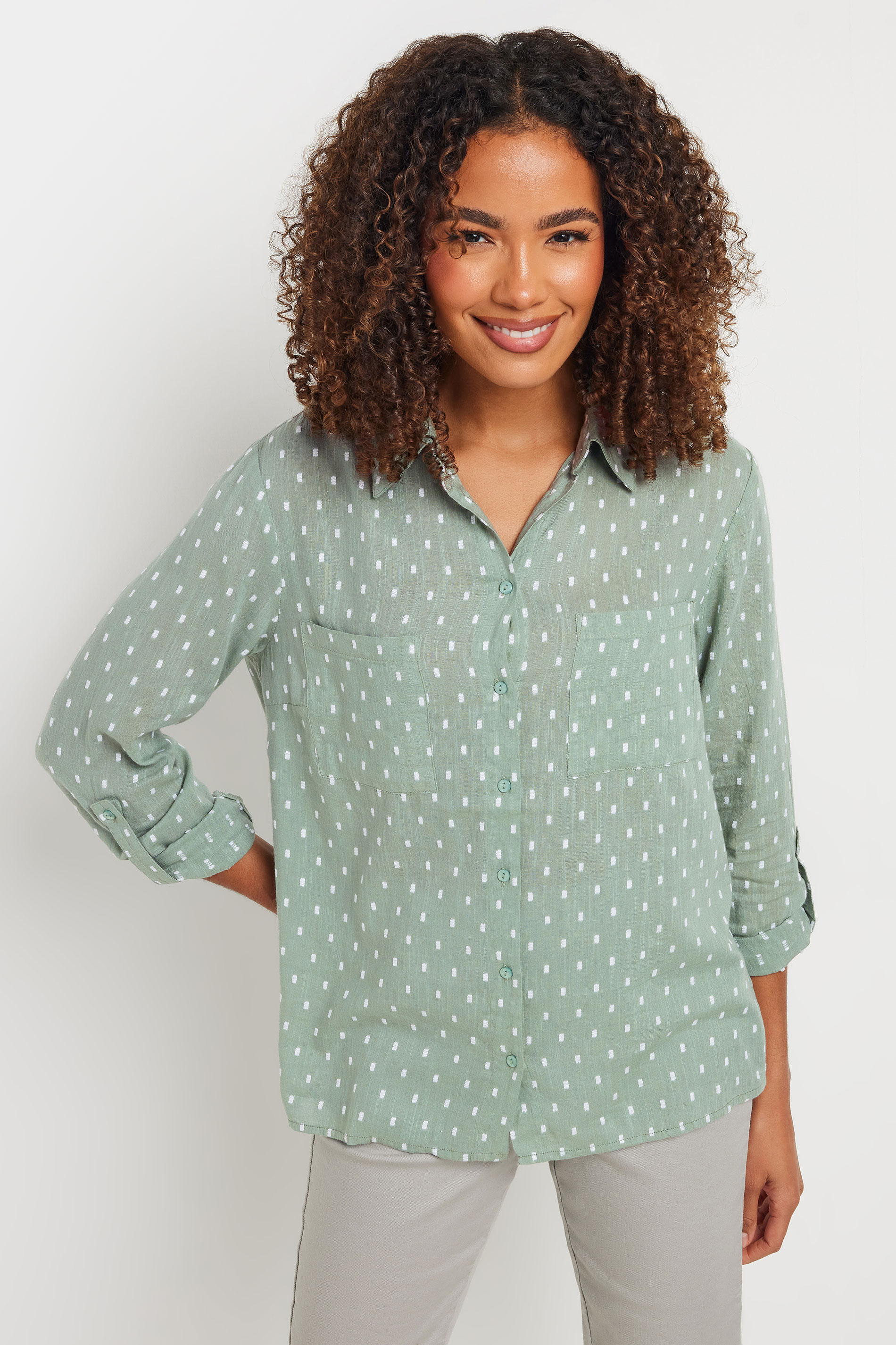 M&Co Womens M&Co Sage Green Cotton Dobby Tab Sleeve Shirt