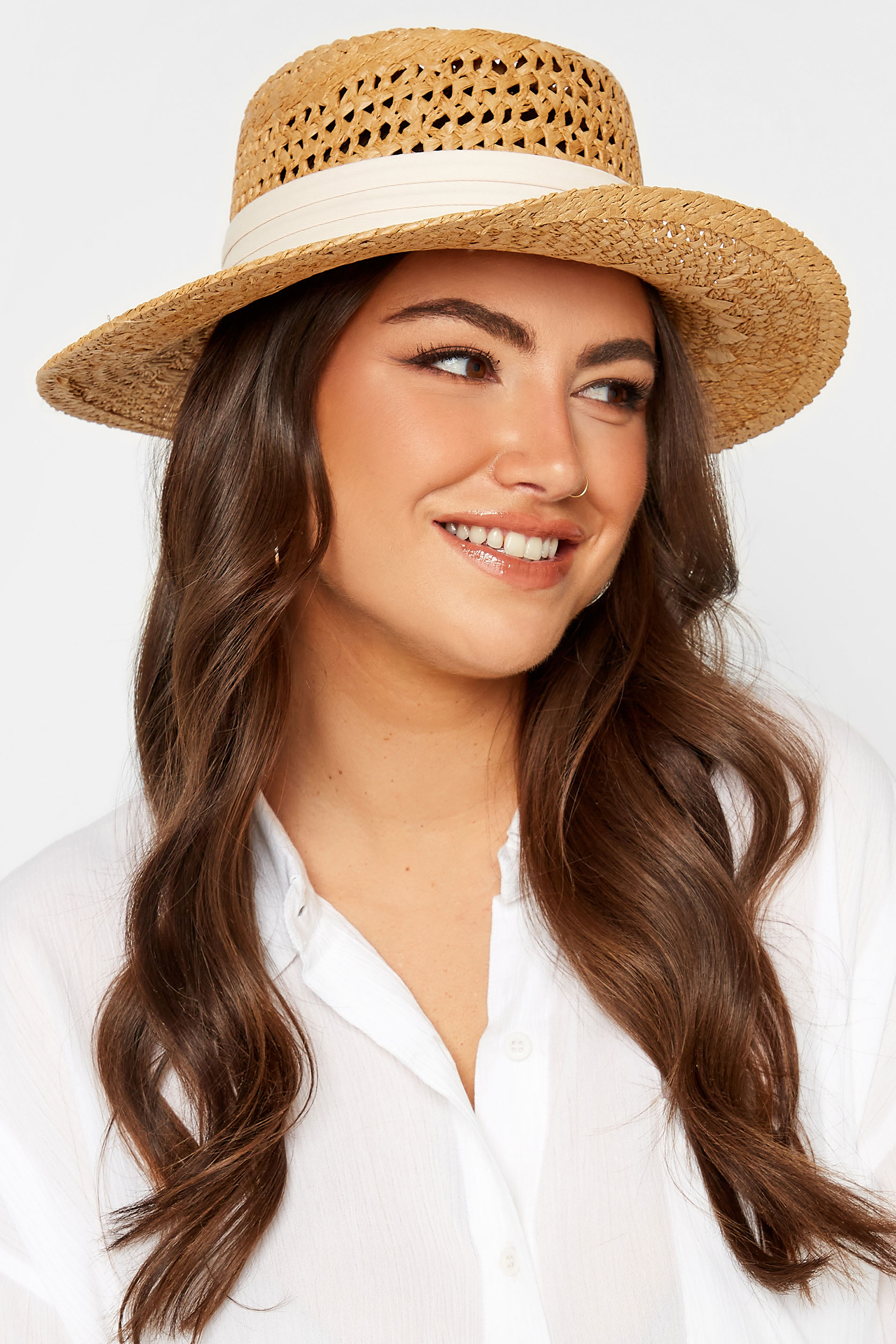 Yours Beige Brown & White Straw Boater Hat