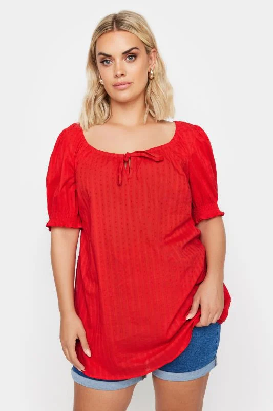 Yours YOURS Curve Red Dobby Tie Neck Blouse