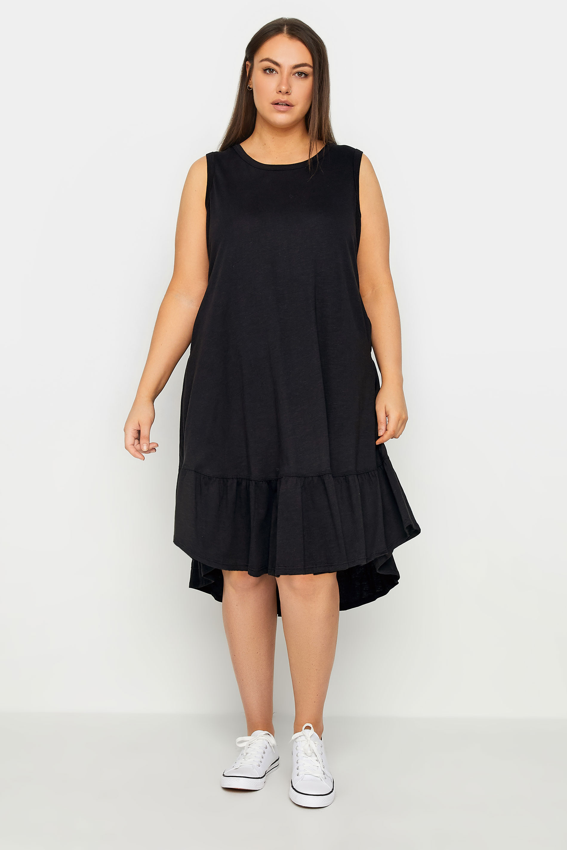 Evans Evans Navy Black Dipped Frill Hem Midi Dress