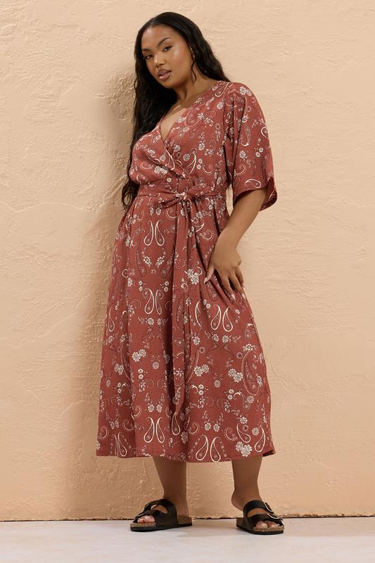 Yours YOURS Curve Orange Paisley Kimono Sleeve Midaxi Wrap Dress