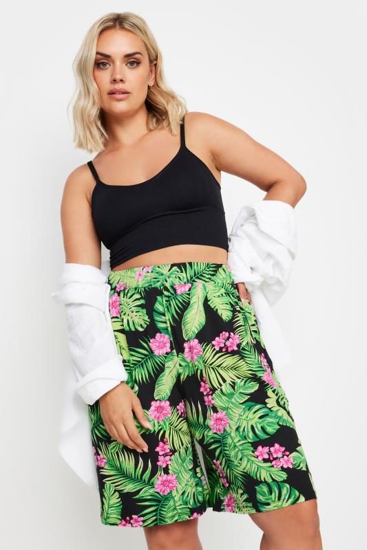 Yours YOURS Curve Black Tropical Print Jersey Pull On Shorts