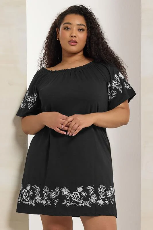 Yours YOURS Curve Black Embroidered Bardot Mini Dress