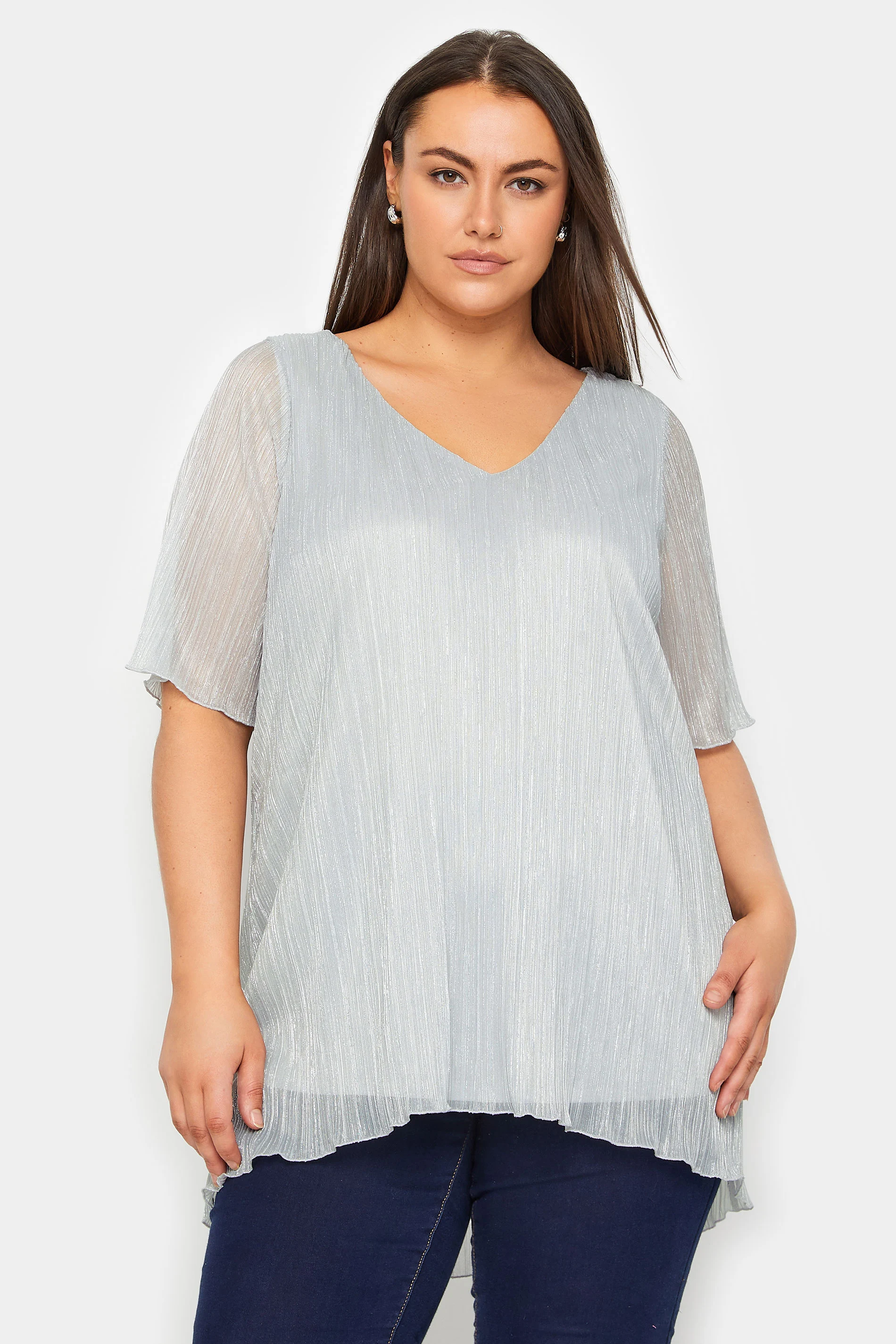 Evans Evans Silver Grey Metallic Plisse Party Top