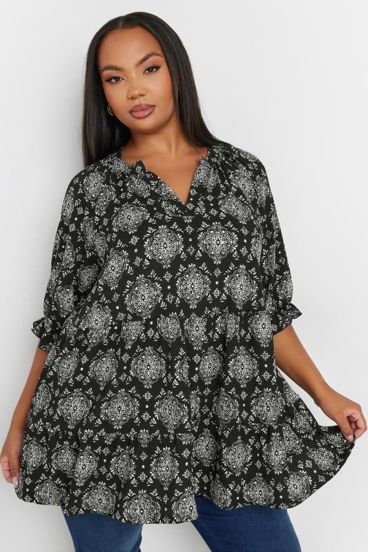 Yours YOURS Curve Black Tile Print Top