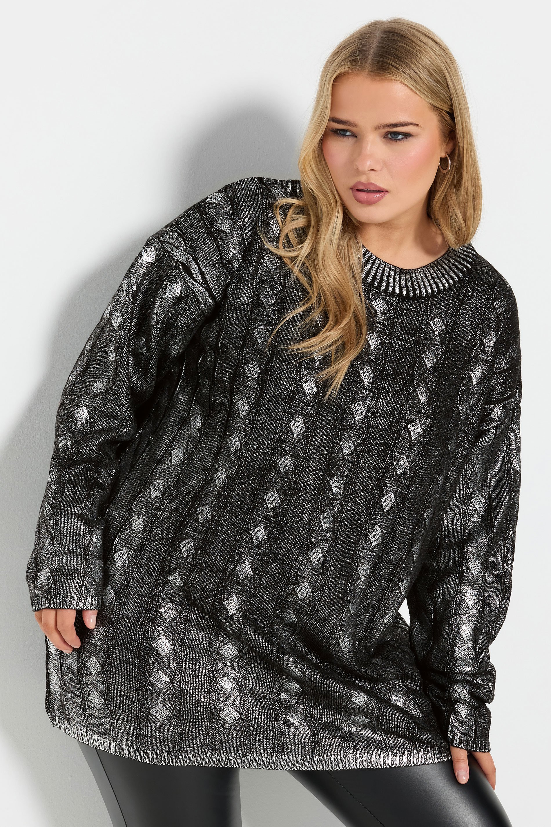 Yours YOURS Curve Charcoal Grey Foil Cable Knit Tunic Jumper