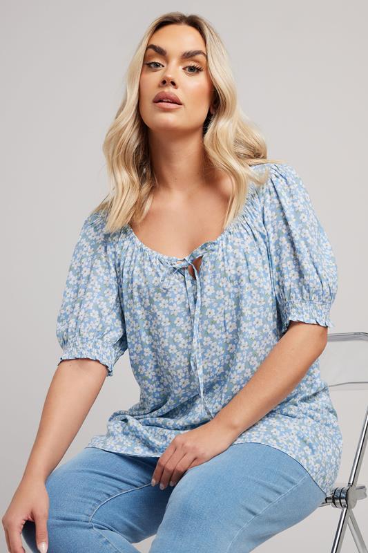 Yours YOURS Curve Light Blue Floral Print Tie Front Blouse