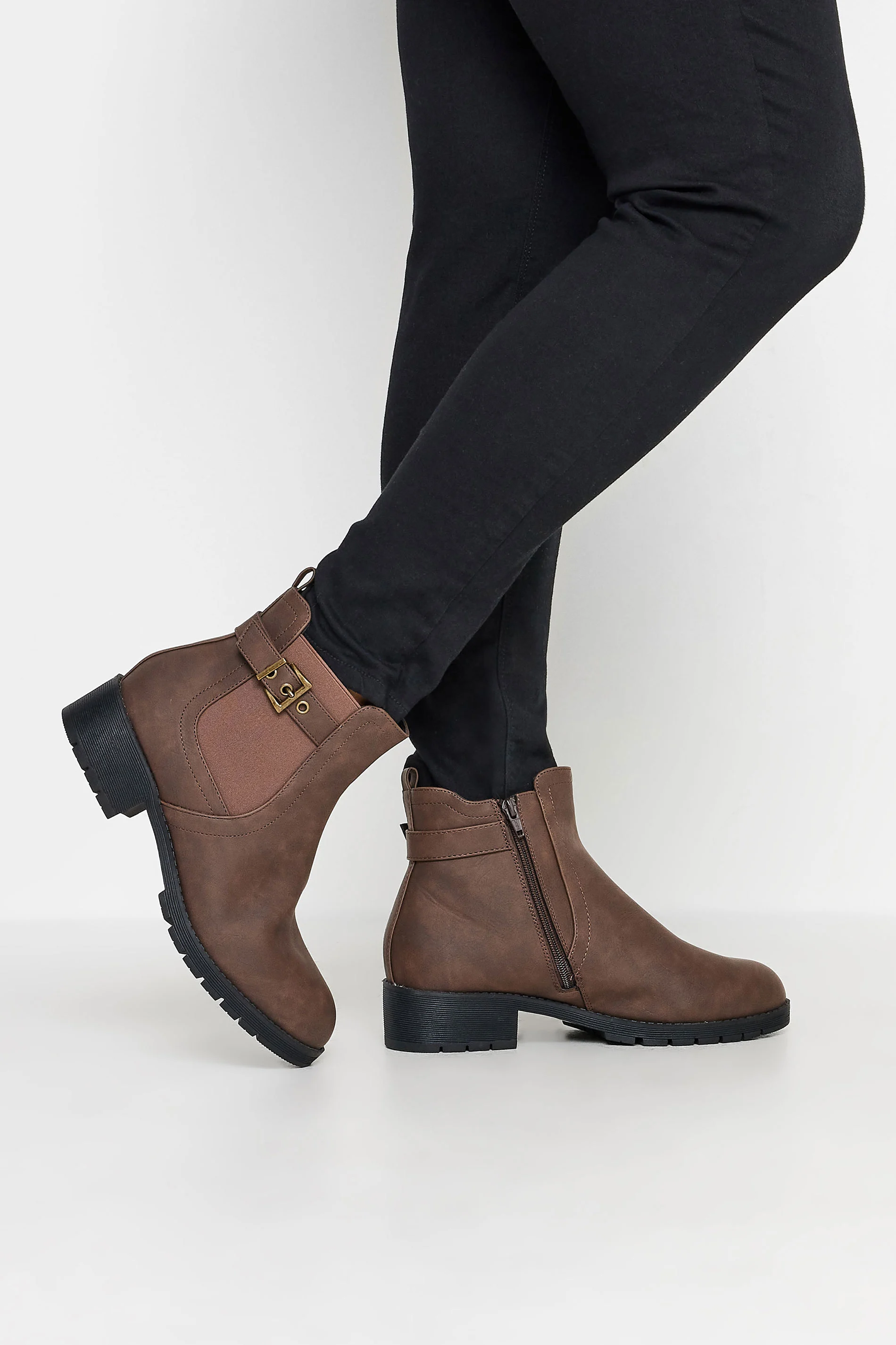 Yours Brown Faux Leather Buckle Ankle Boots In Wide E Fit & Extra Wide EEE Fit
