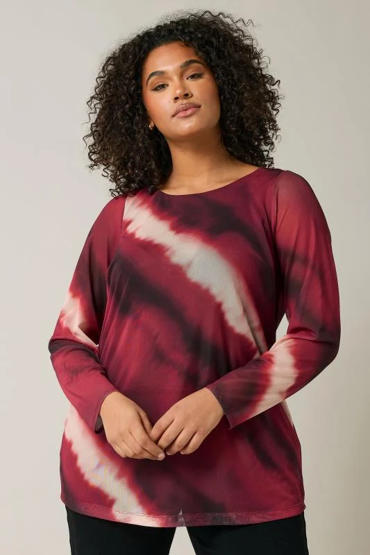 Evans EVANS Curve Burgundy Red Abstract Print Mesh Swing Top