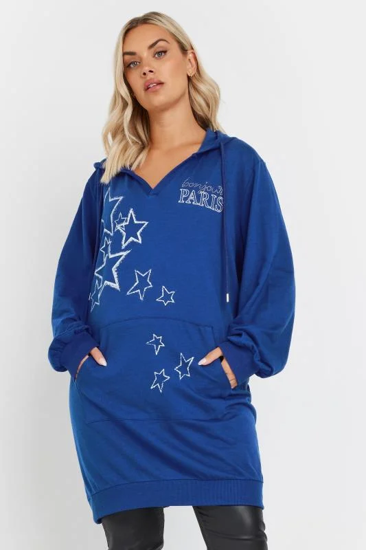 Yours YOURS Curve Blue 'Paris' Star Print Longline Hoodie