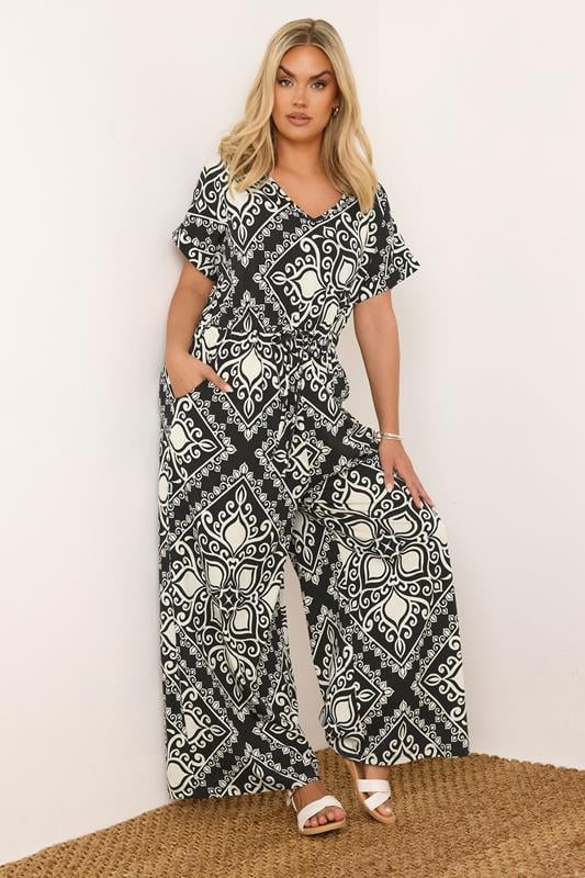 Yours YOURS Curve Black & White Paisley Print Wide Leg Jumpsuit