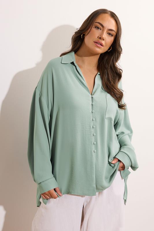 Evans EVANS Curve Sage Green Dipped Hem Oversized Shirt