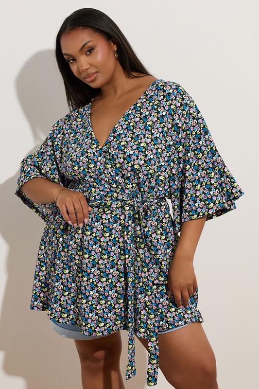 Yours YOURS Curve Black Floral Print Textured Wrap Top
