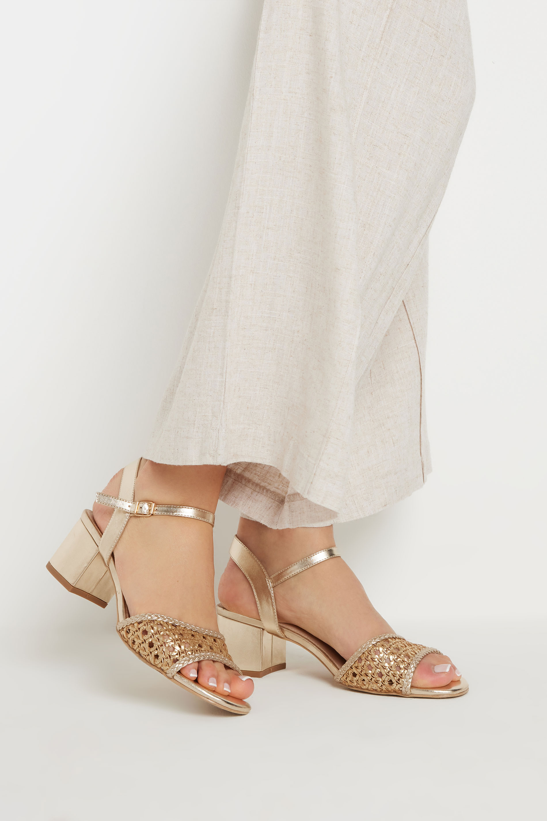 LTS LTS Gold Woven Strap Open Toe Block Heel In Standard Fit