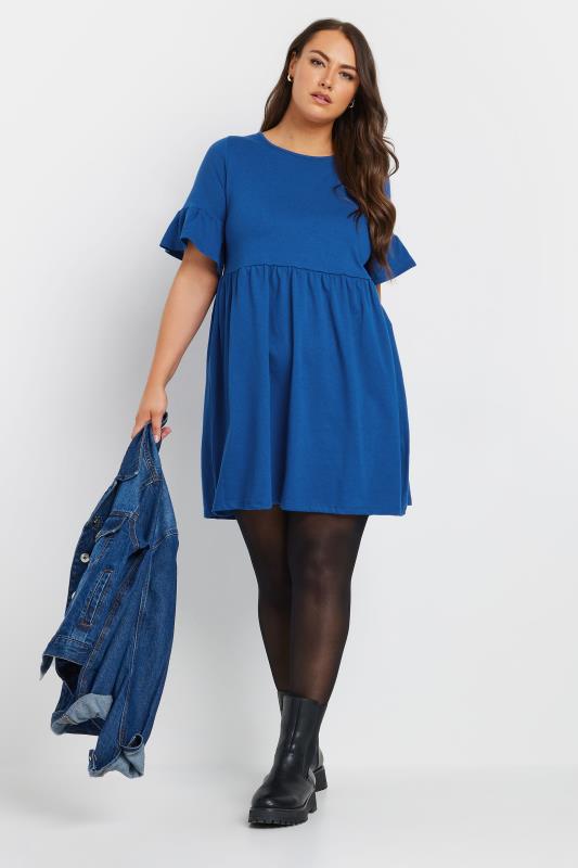 Yours YOURS Curve Cobalt Blue Frilled Sleeve Smock Dress