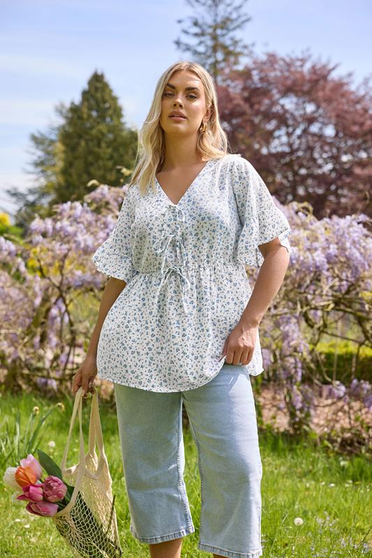 Yours YOURS Curve Light Blue Ditsy Floral Tie Front Peplum Top