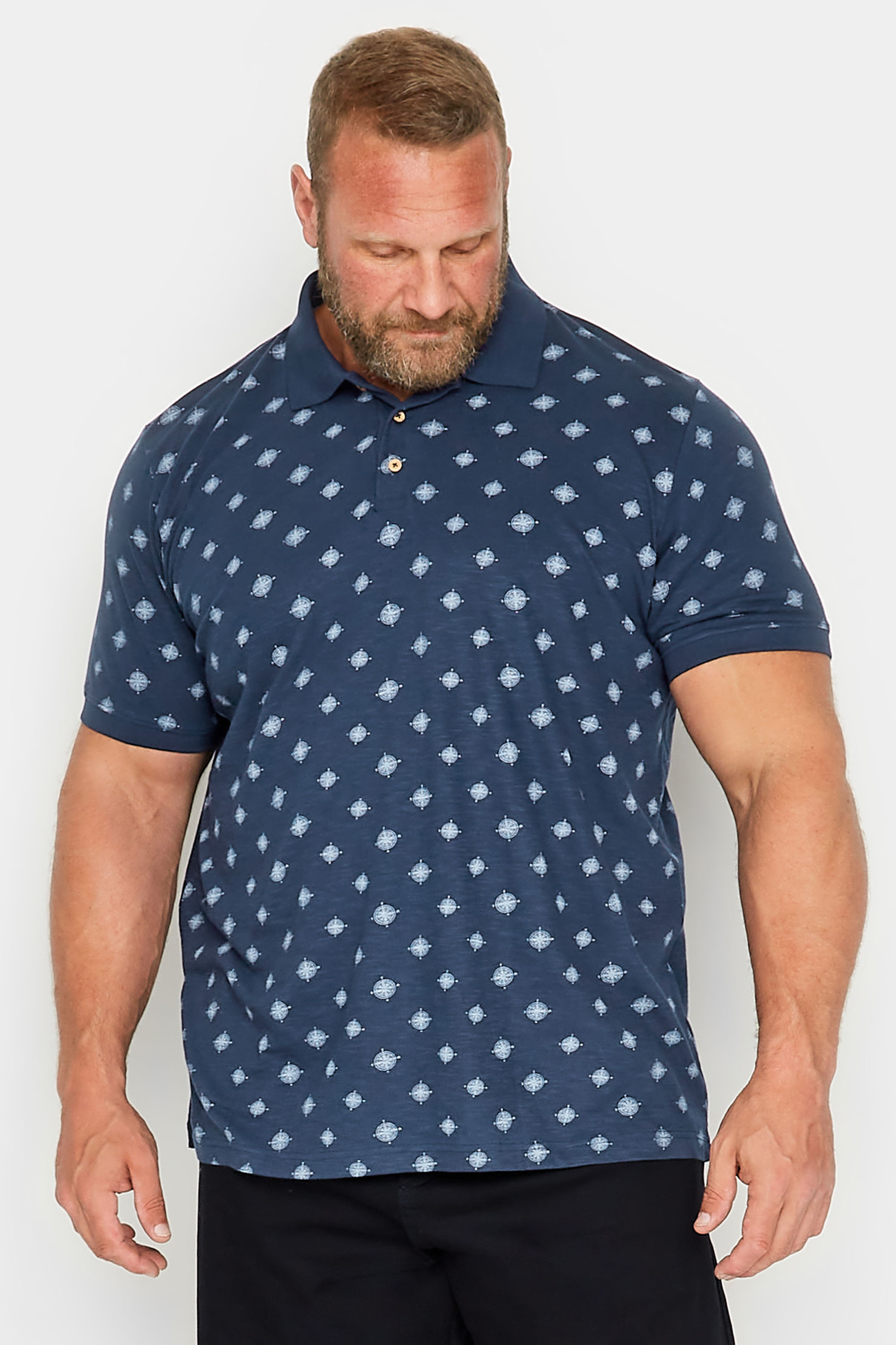 BadRhino BadRhino Big & Tall Navy Blue Compass Print Polo Shirt